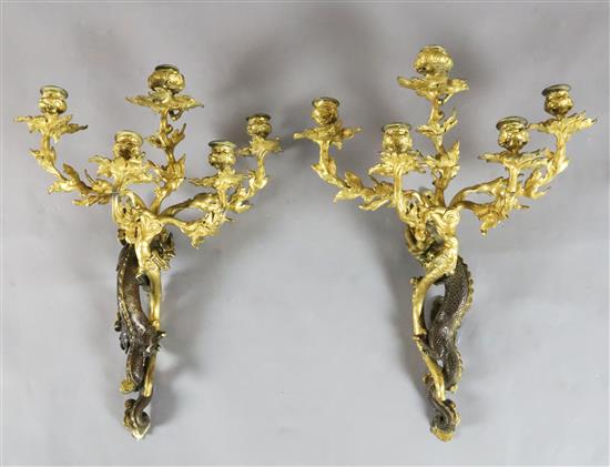 A pair of 19th century French Louis XVI style five light bronze and ormolu wall lights, height 22in.